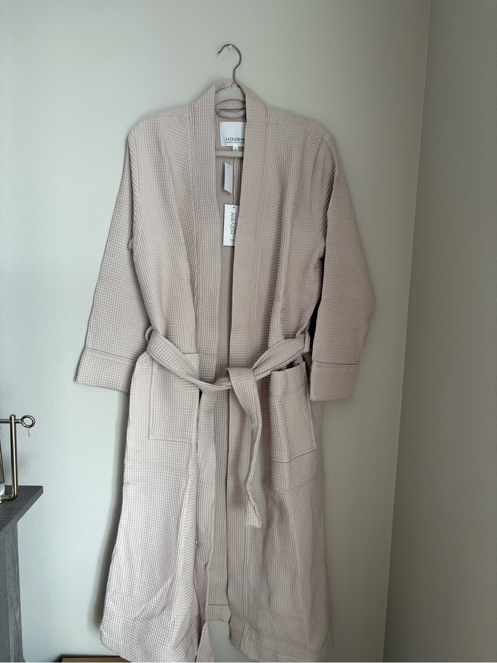 Waffle-Knit Robe with Belt - Beige